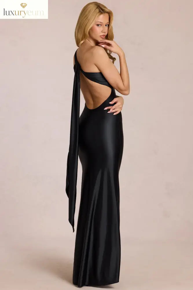 Asymmetric Tie-Back Gown in Black