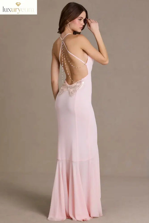 Chiffon Cowl-Neck Open-Back Gown in Baby Pink