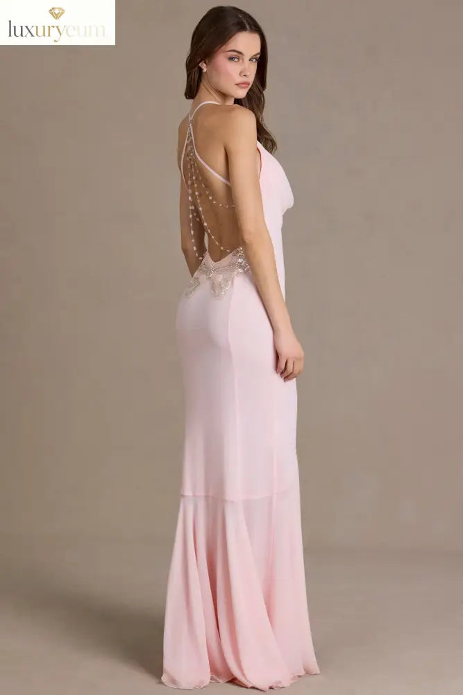 Chiffon Cowl-Neck Open-Back Gown in Baby Pink