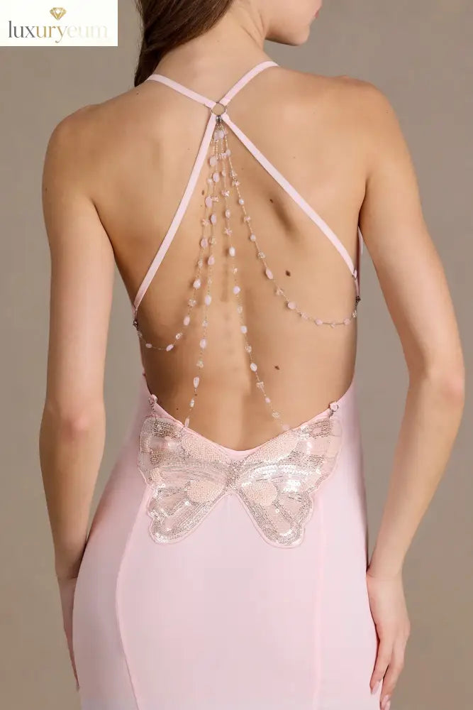 Chiffon Cowl-Neck Open-Back Gown in Baby Pink