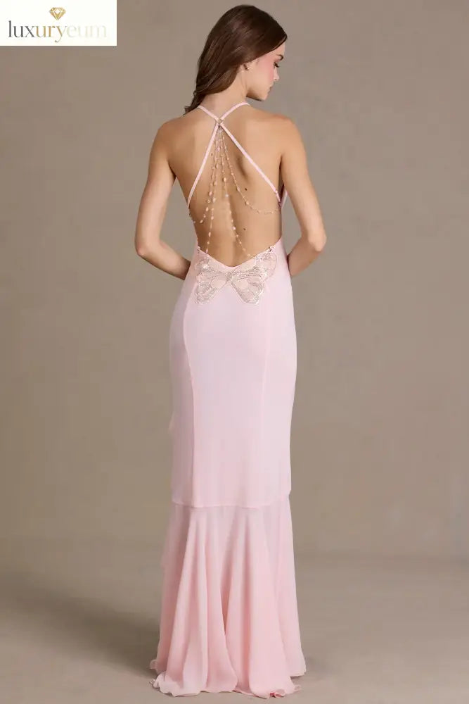 Chiffon Cowl-Neck Open-Back Gown in Baby Pink