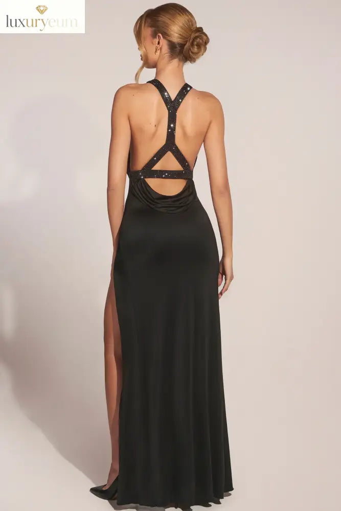 Cowl-Neck Thigh-High Gown in Black