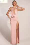 Cowl-Neck Thigh-High Gown in Blush Pink