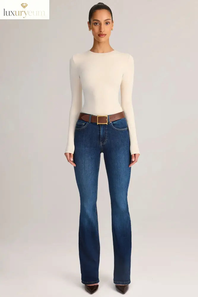 Denim Mid-Rise Flared Jeans in Indigo