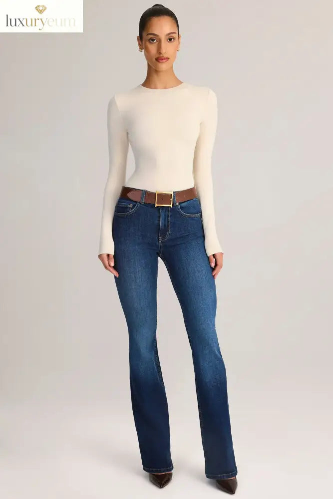 Denim Mid-Rise Flared Jeans in Indigo