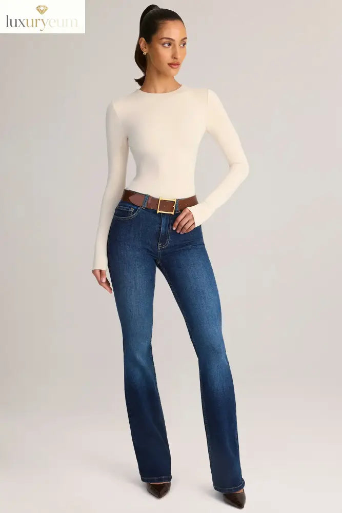 Denim Mid-Rise Flared Jeans in Indigo