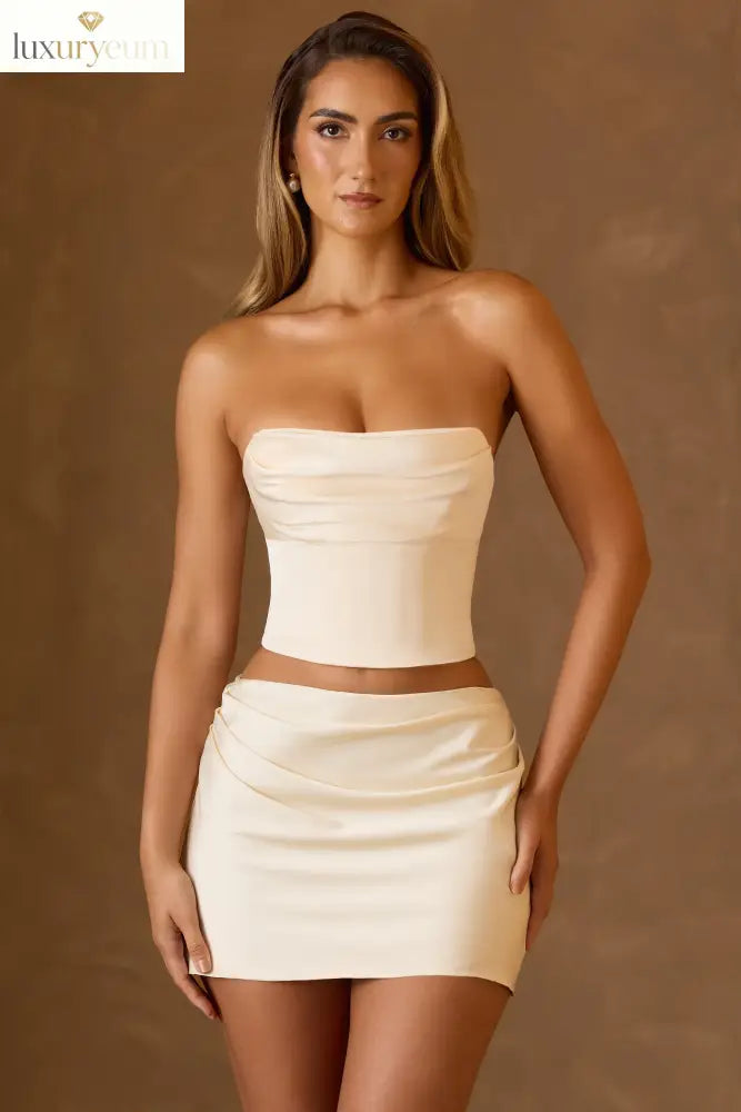 Draped Lace-Up Corset Top in Ivory