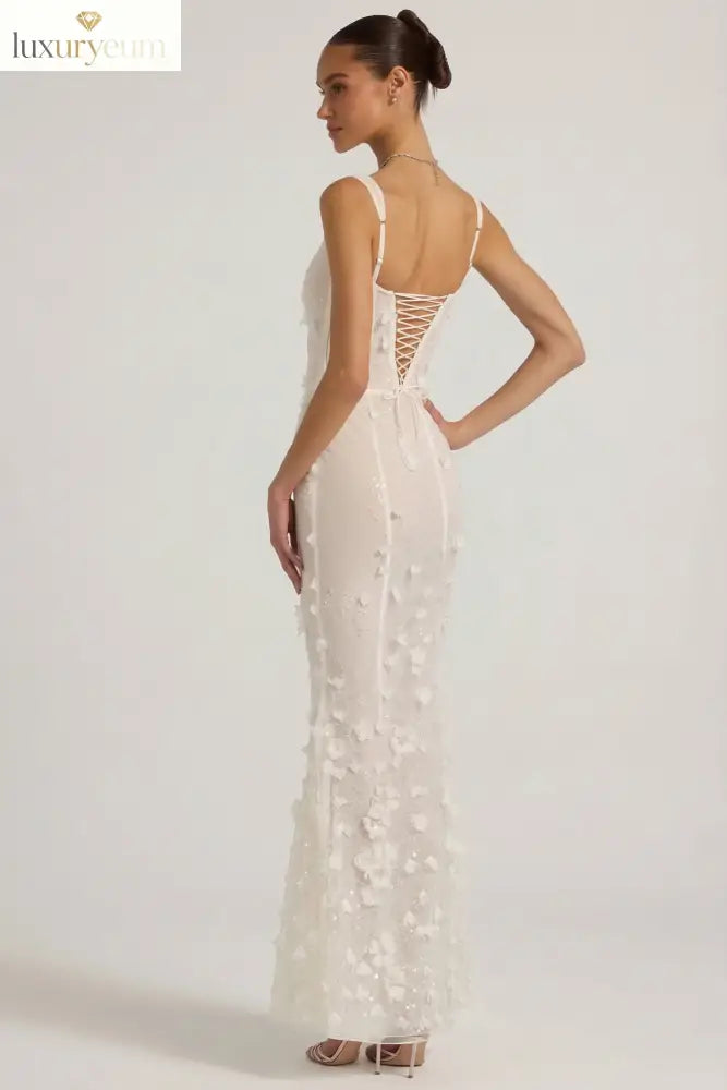 Embellished Appliqué Soft-Scoop Corset Gown in White