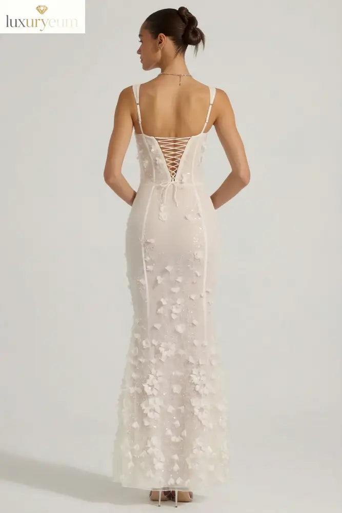 Embellished Appliqué Soft-Scoop Corset Gown in White