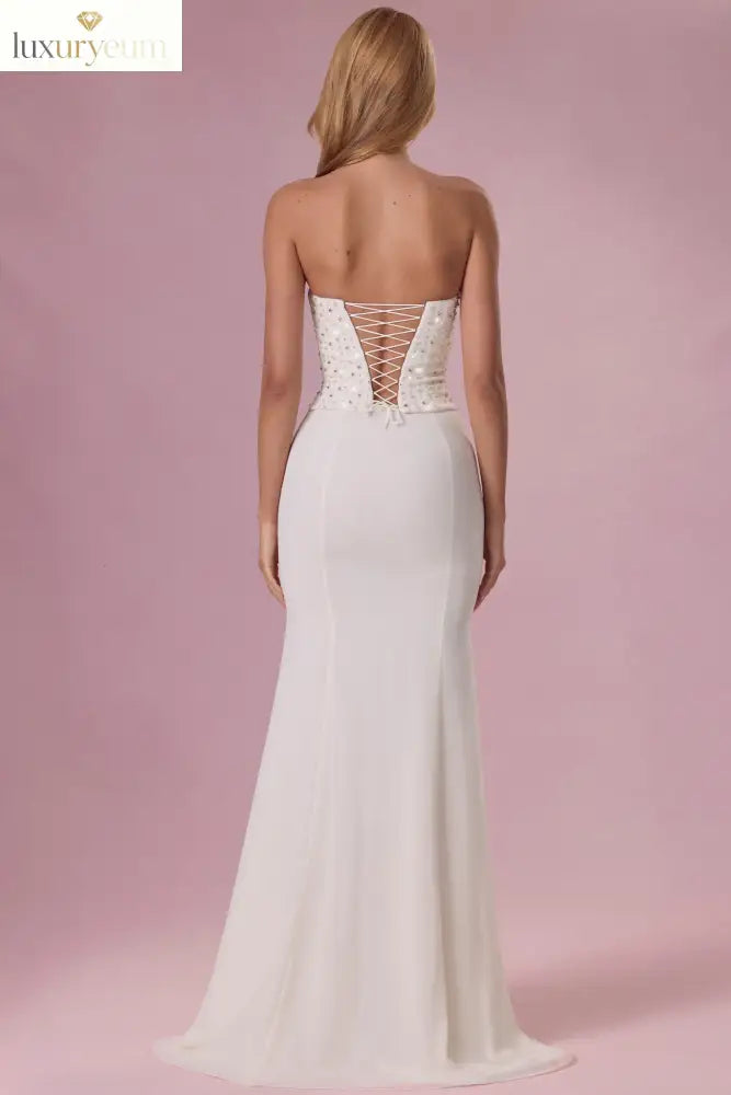 Embellished Corset Strapless Gown in Pearl