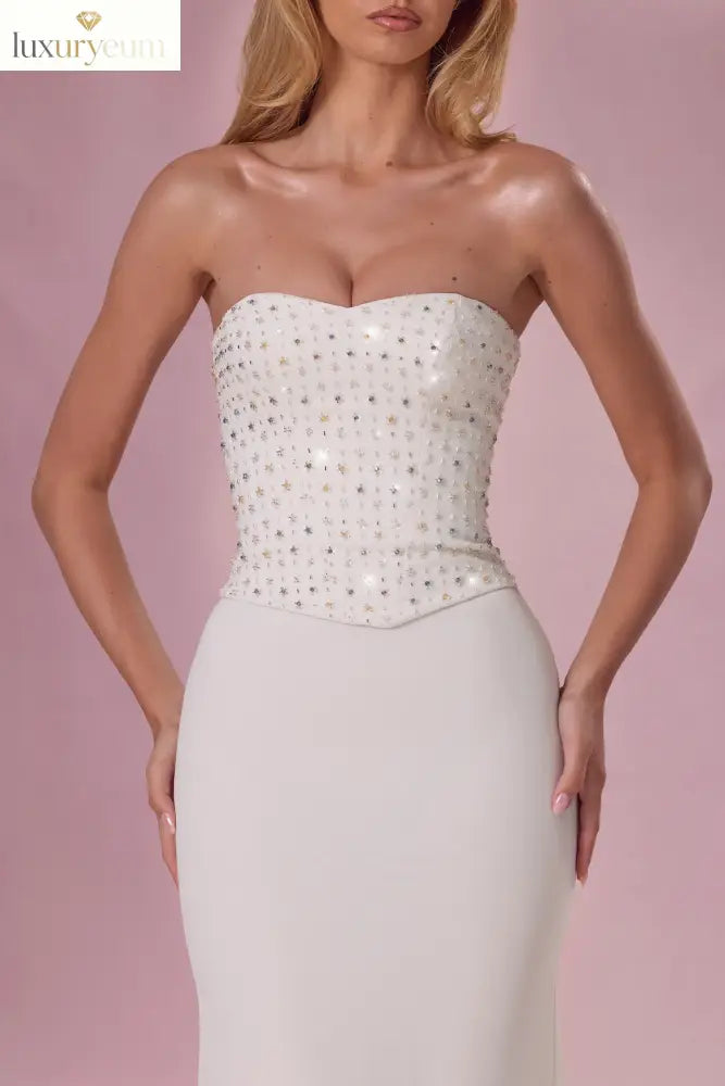 Embellished Corset Strapless Gown in Pearl