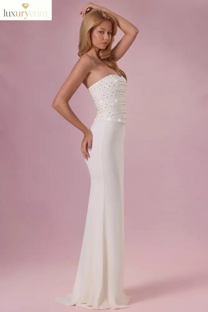 Embellished Corset Strapless Gown in Pearl
