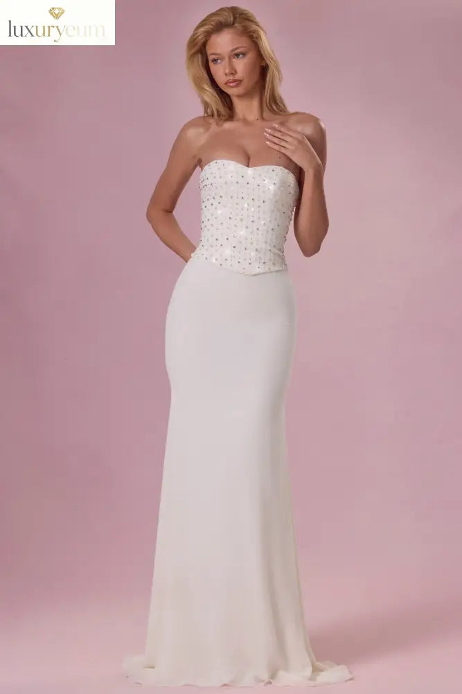 Embellished Corset Strapless Gown in Pearl