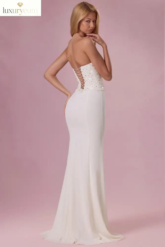 Embellished Corset Strapless Gown in Pearl