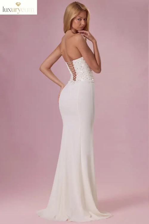 Embellished Corset Strapless Gown in Pearl