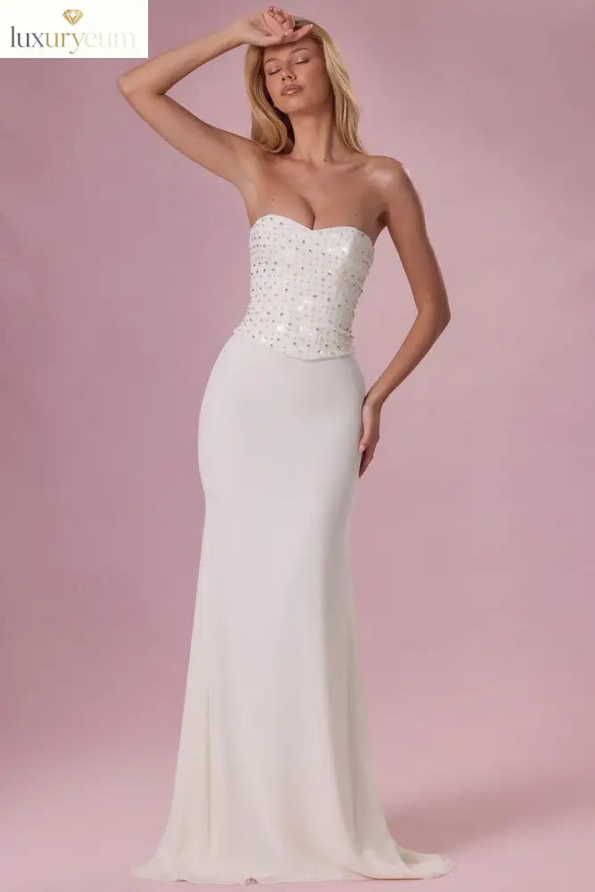 Embellished Corset Strapless Gown in Pearl