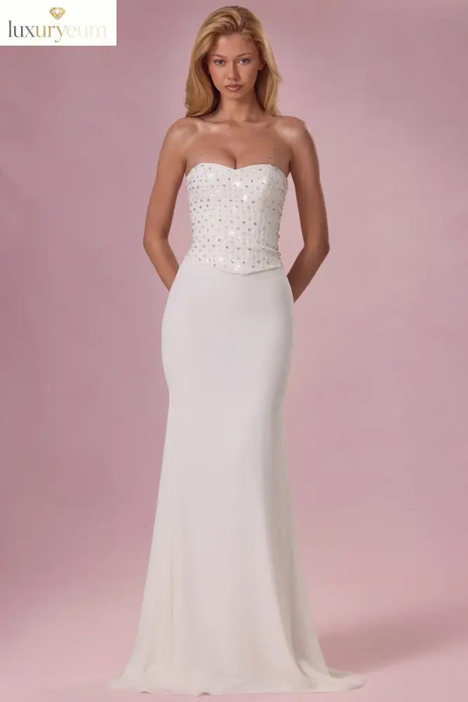Embellished Corset Strapless Gown in Pearl