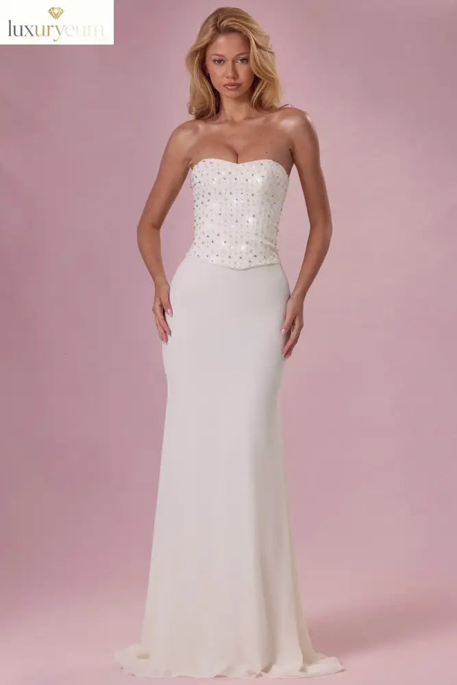 Embellished Corset Strapless Gown in Pearl