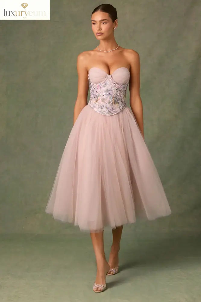 Embellished Lace-Up Cupless Corset in Floral Pink