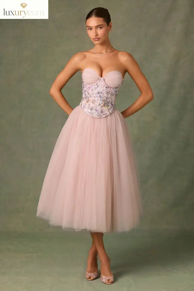 Embellished Lace-Up Cupless Corset in Floral Pink