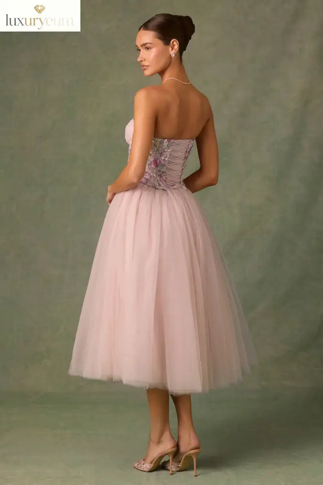 Embellished Lace-Up Cupless Corset in Floral Pink