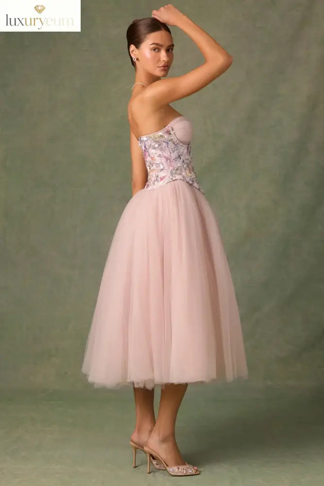 Embellished Lace-Up Cupless Corset in Floral Pink