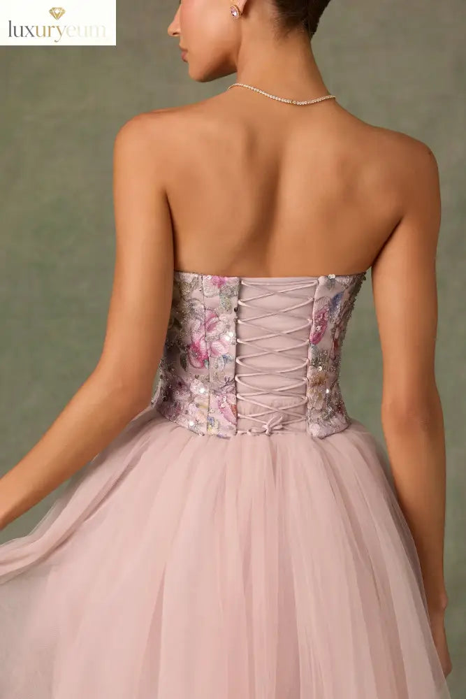 Embellished Lace-Up Cupless Corset in Floral Pink