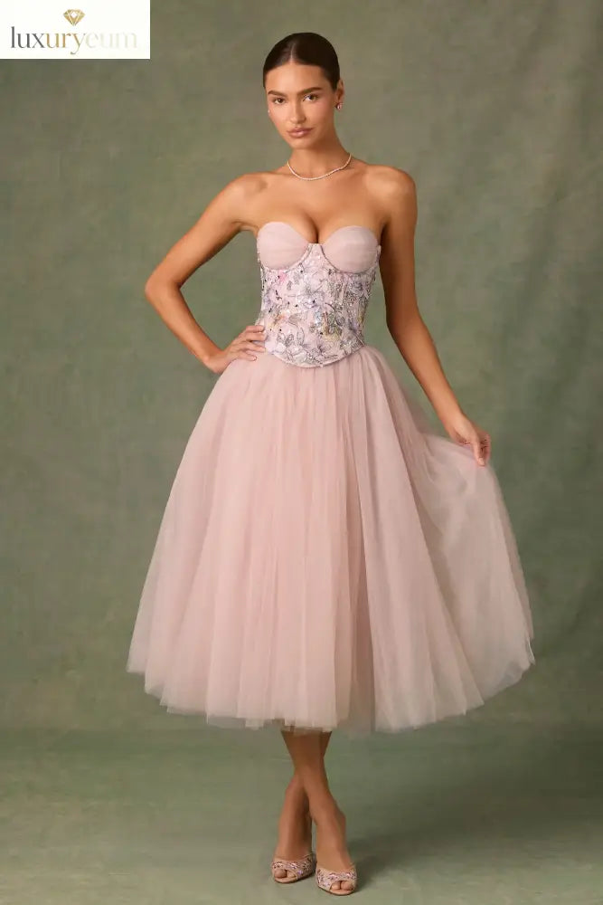 Embellished Lace-Up Cupless Corset in Floral Pink