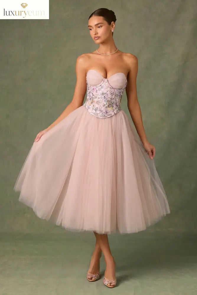Embellished Lace-Up Cupless Corset in Floral Pink