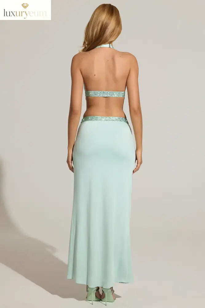 Embellished Low-Rise Maxi Skirt in Aqua Blue