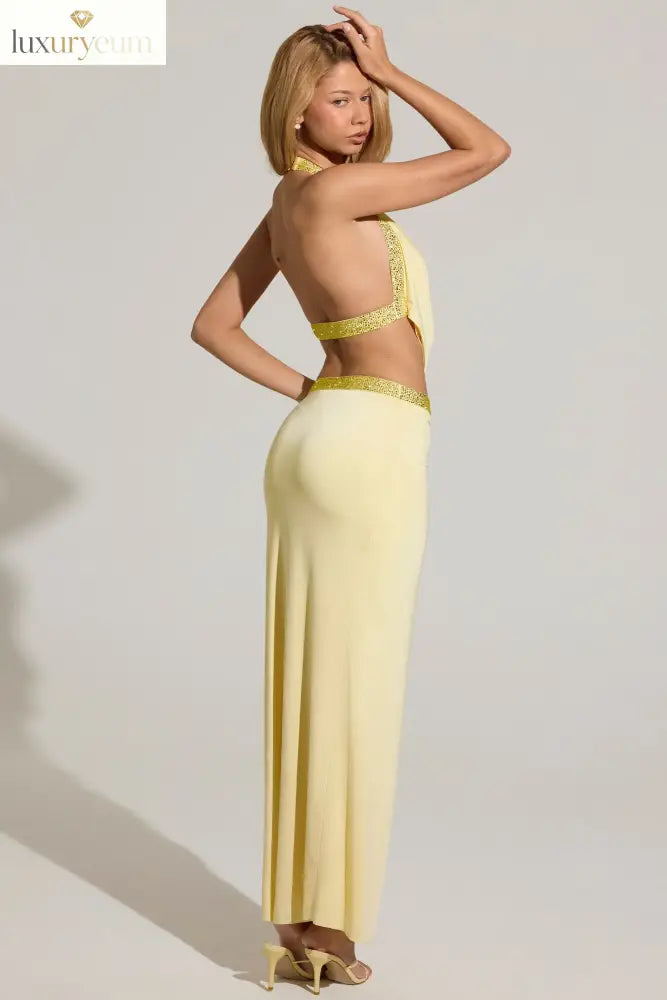 Embellished Low-Rise Maxi Skirt in Lemon Yellow