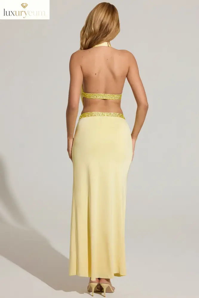 Embellished Low-Rise Maxi Skirt in Lemon Yellow