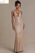Embellished Plunge-Neck Open-Back Gown in Sand