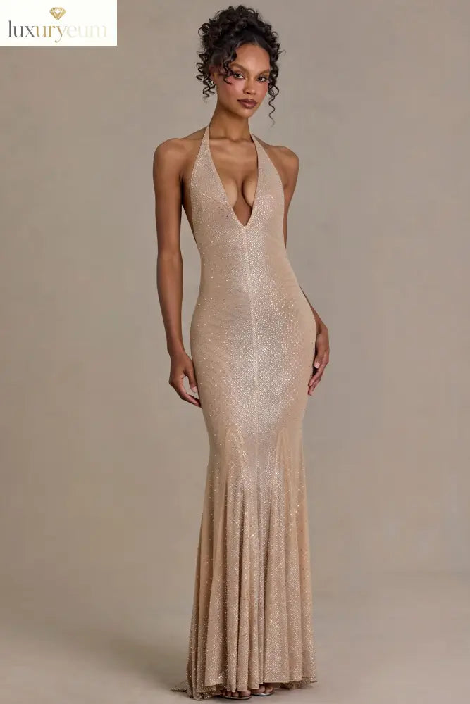 Embellished Plunge-Neck Open-Back Gown in Sand