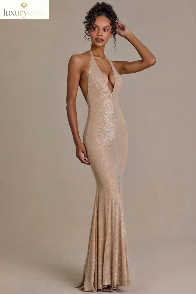 Embellished Plunge-Neck Open-Back Gown in Sand