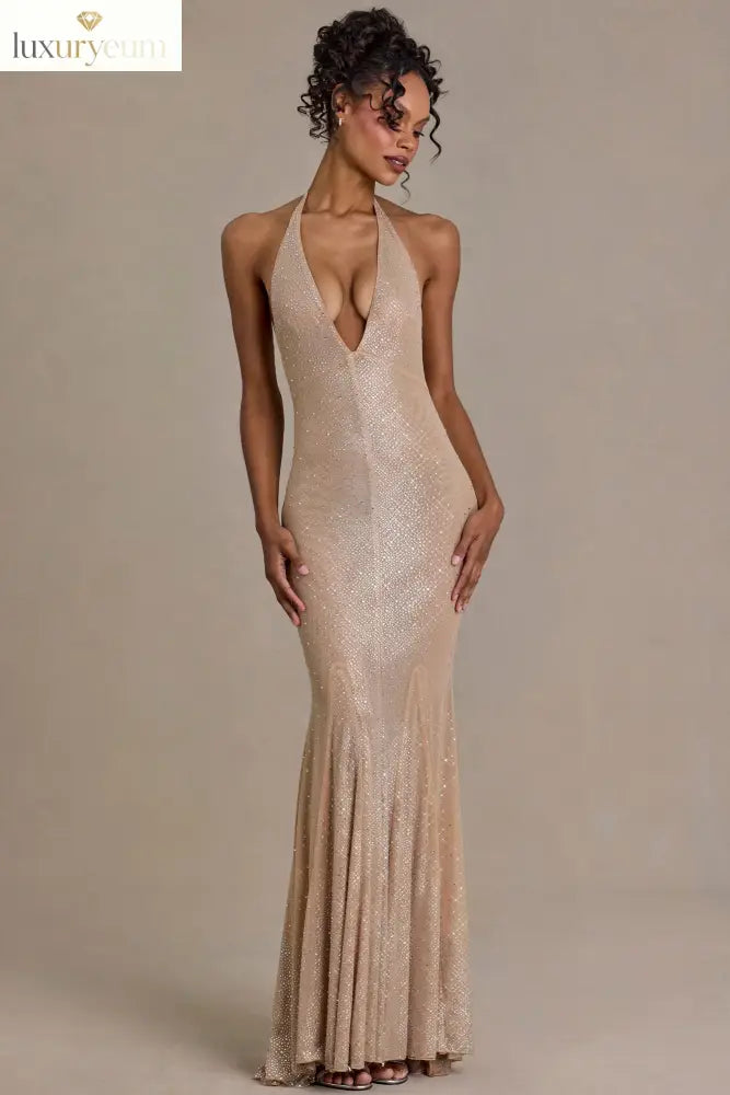 Embellished Plunge-Neck Open-Back Gown in Sand