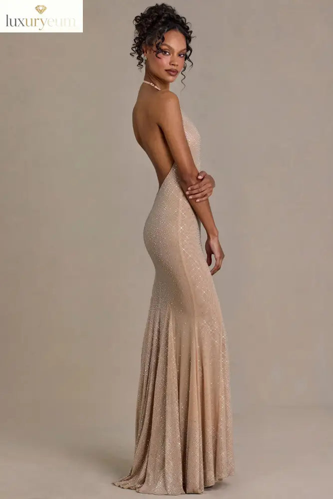 Embellished Plunge-Neck Open-Back Gown in Sand