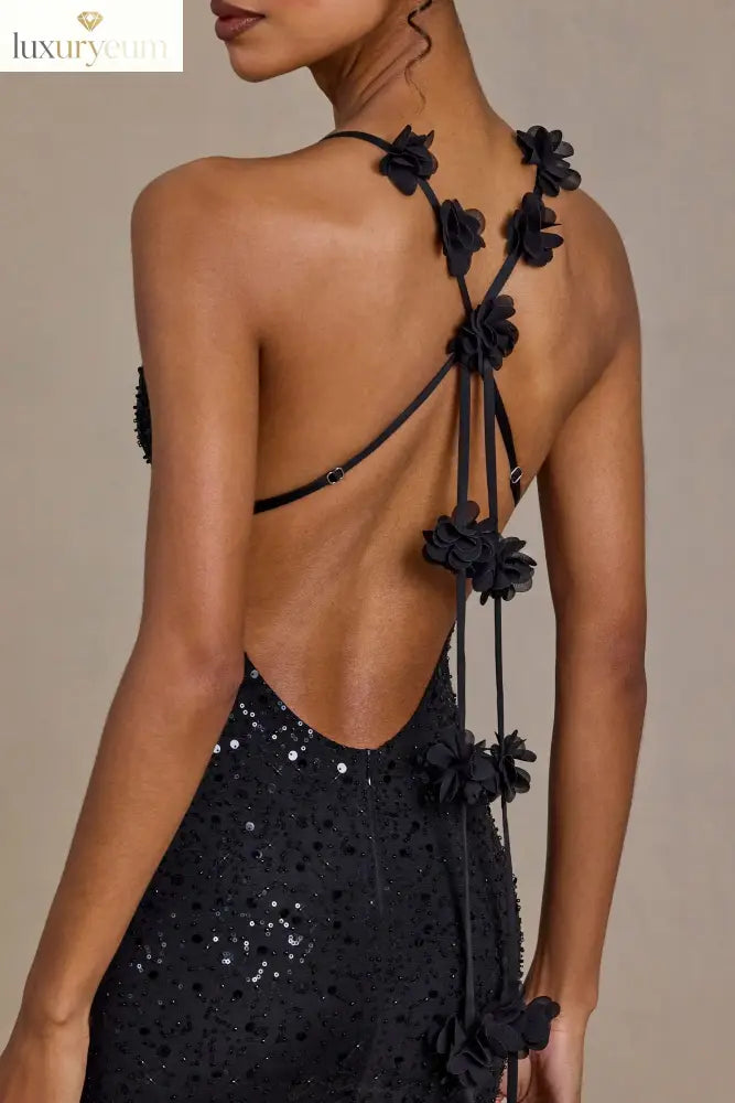 Embellished Plunge Open-Back Gown in Black