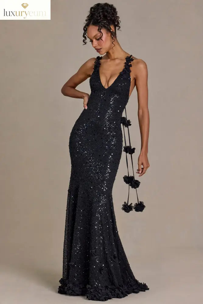 Embellished Plunge Open-Back Gown in Black