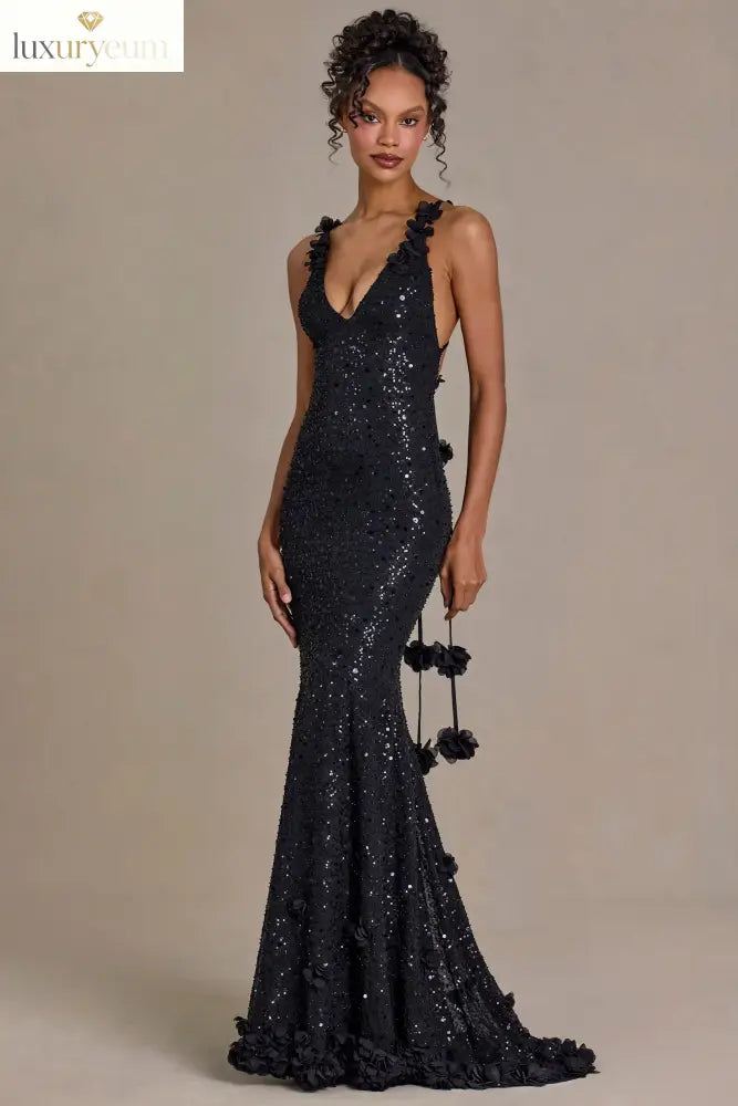 Embellished Plunge Open-Back Gown in Black