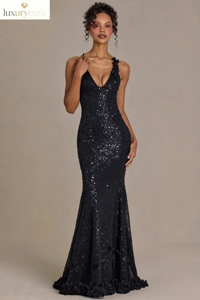 Embellished Plunge Open-Back Gown in Black