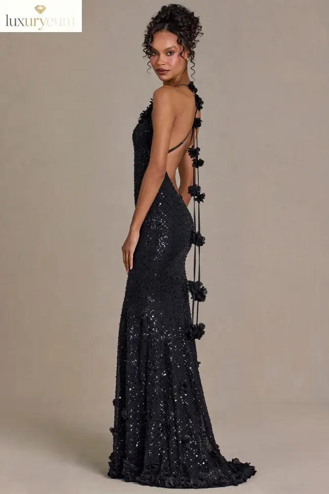 Embellished Plunge Open-Back Gown in Black
