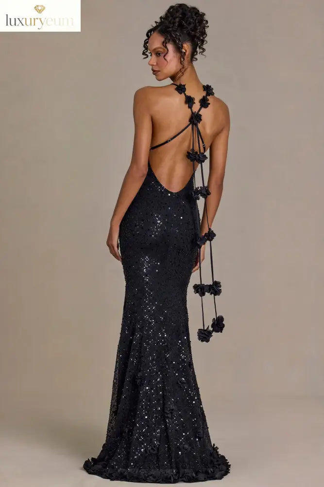 Embellished Plunge Open-Back Gown in Black
