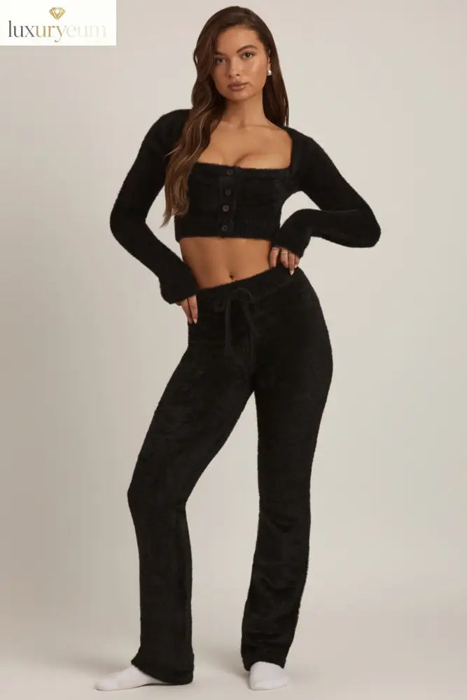 Fluffy Knit Wide-Leg Trousers in Black