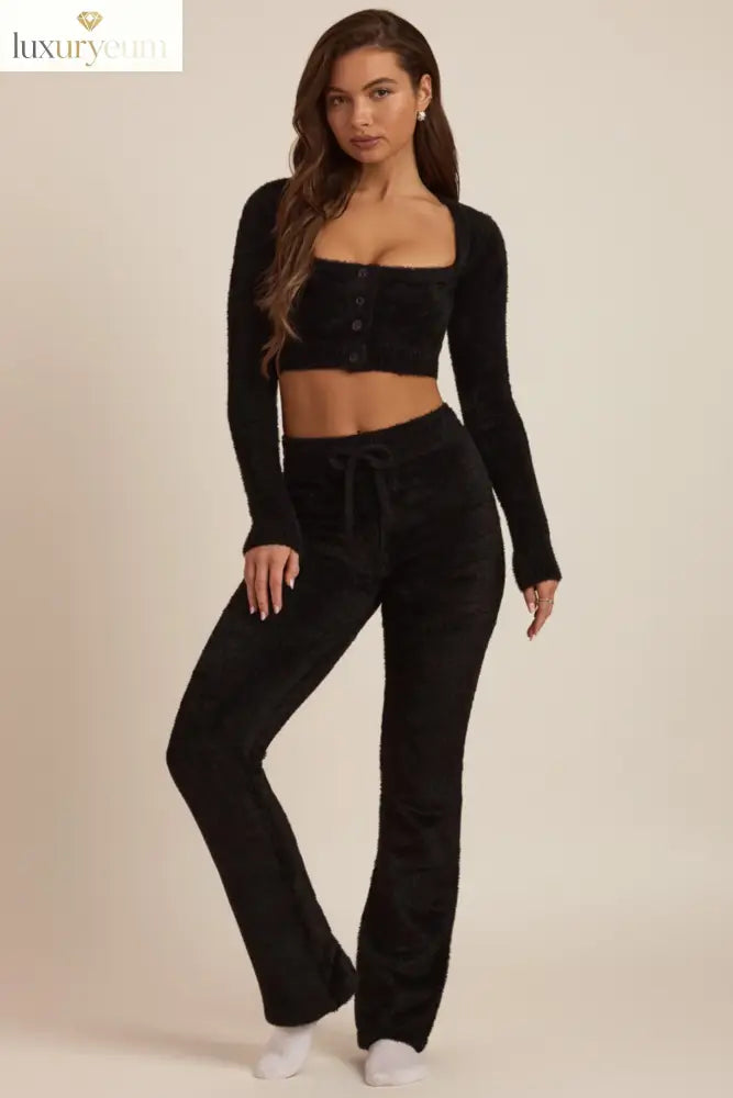 Fluffy Knit Wide-Leg Trousers in Black
