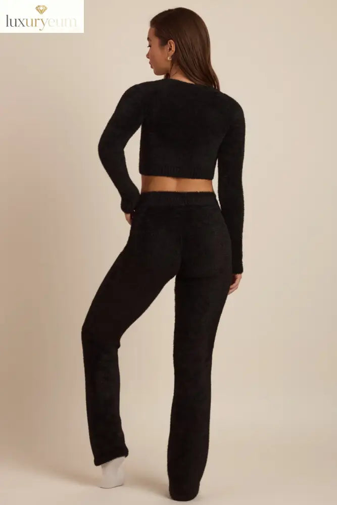 Fluffy Knit Wide-Leg Trousers in Black