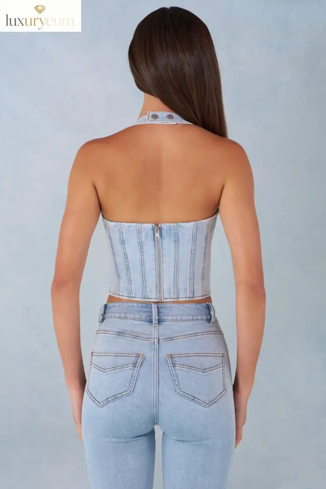 Halterneck Denim Corset Style Top in Light Denim