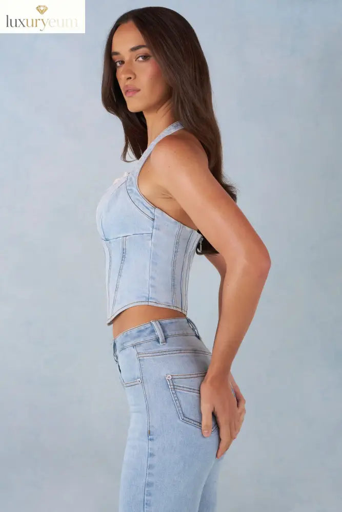 Halterneck Denim Corset Style Top in Light Denim