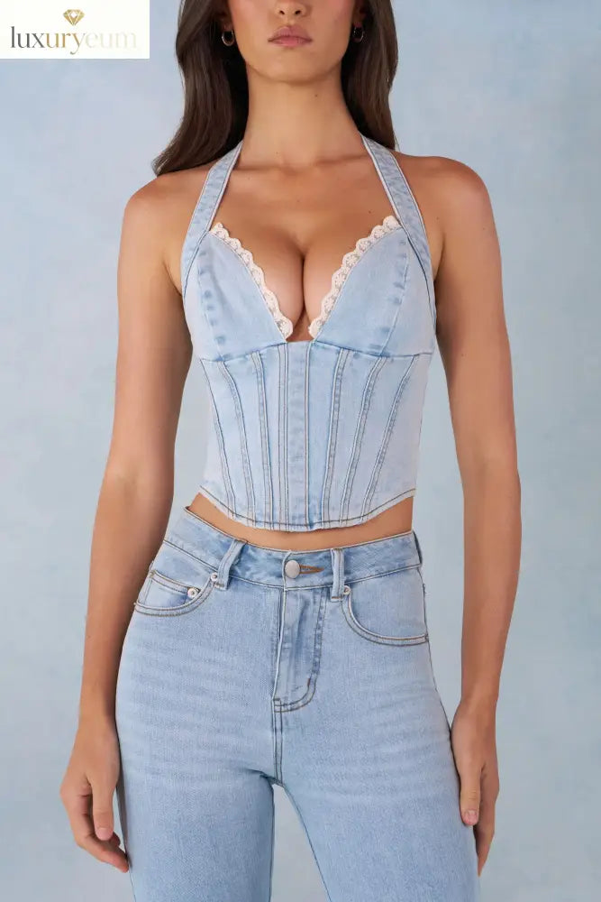 Halterneck Denim Corset Style Top in Light Denim