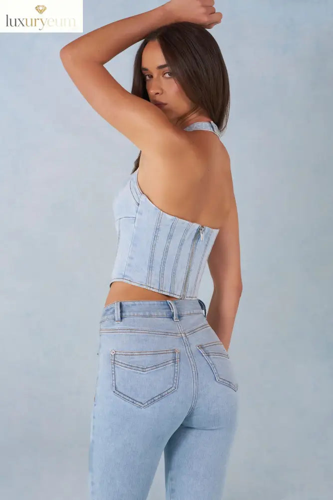 Halterneck Denim Corset Style Top in Light Denim